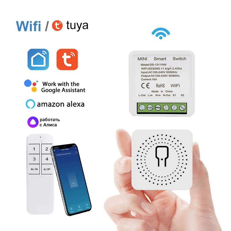 

QIACHIP Tuya MINI Wifi Smart Switch 16A 2 Way Control Relay Timer For Smart Life Work With Alexa Google Home Yandex Alice