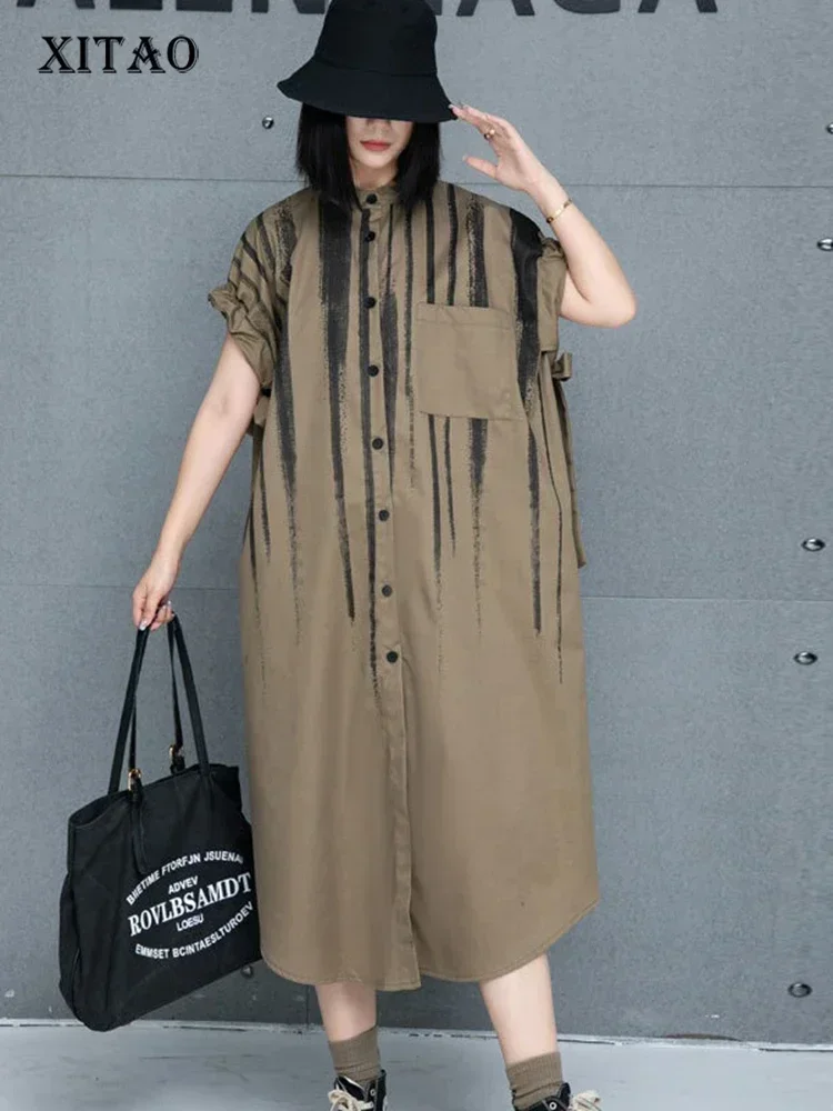 

XITAO A-line Casual Print Mid-calf Solid Color Stand Collar Dress Fashion Slimming Loose Fitting Summer Women Dress GMM1054