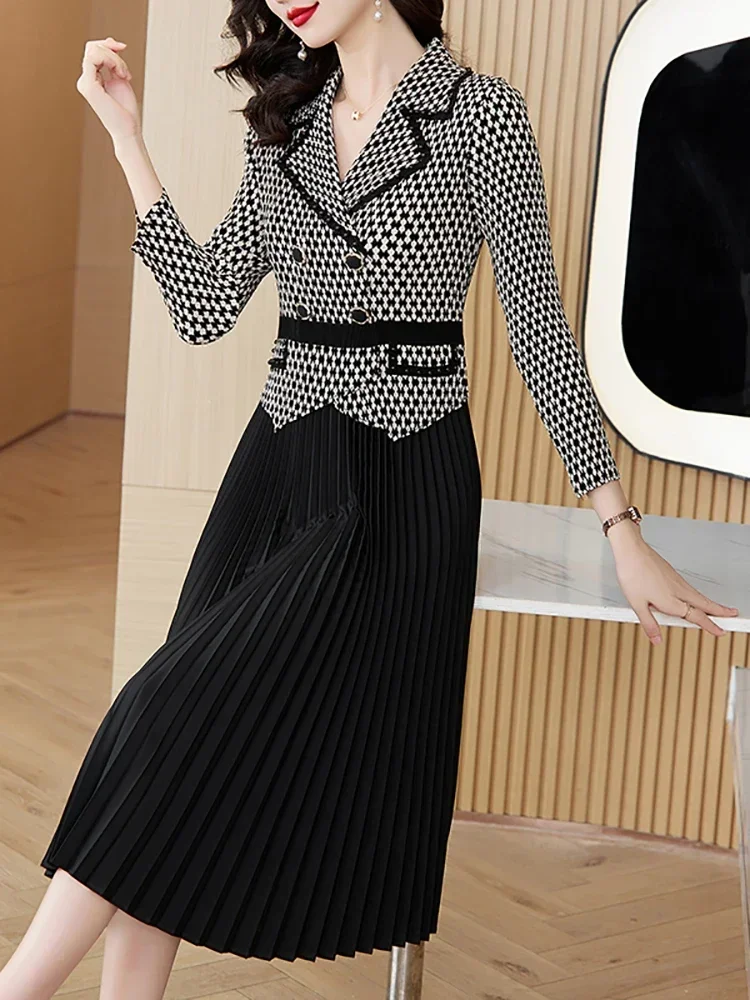 New Black Patchwork Plaid Bodycon Prom Clothes Women Elegant Office Lady Autumn Winter Korean Vintage Hepburn Dresses XQ320