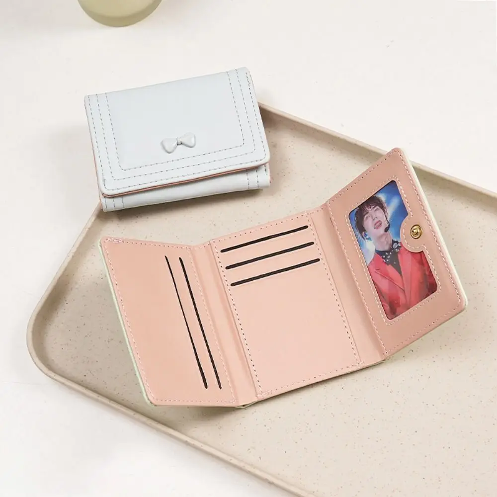 New Bowknot Short Wallet PU Leather Large Capacity Coin Purse Solid Color Mini ID Card Holder for Women