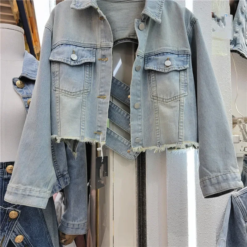 Vintage Short Denim Coat Women's 2024Spring New Back Hollow Fashion Jackets Top Design Sense Fried Street Jeans Female Outerwear