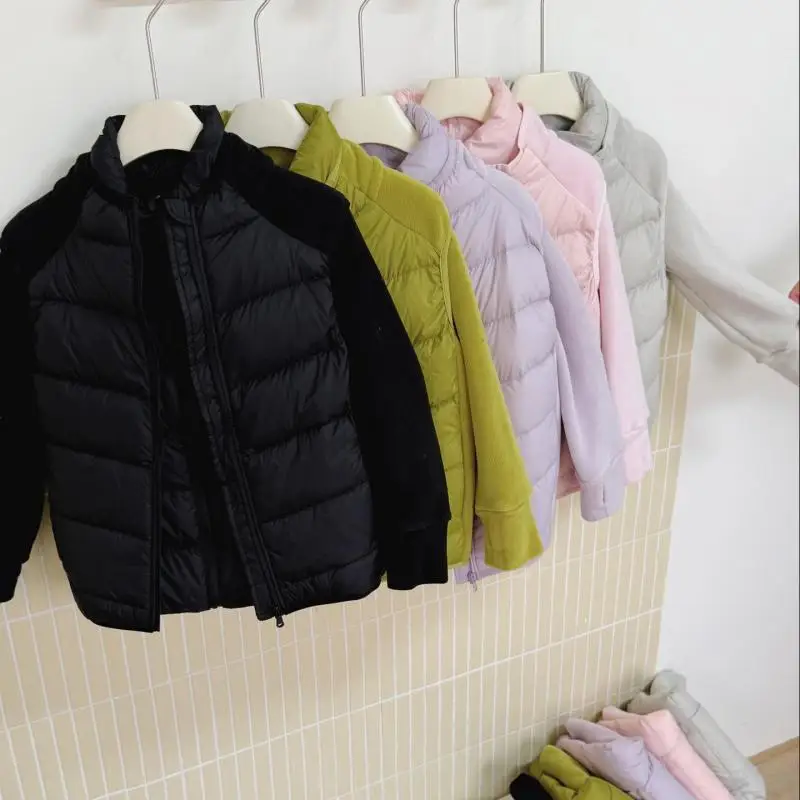 2026 Winter New Children Long Sleeve Down Jacket Boys Plus Velvet Thick Cotton Padded Jacket Kids Fashion Splicing Warm Coat