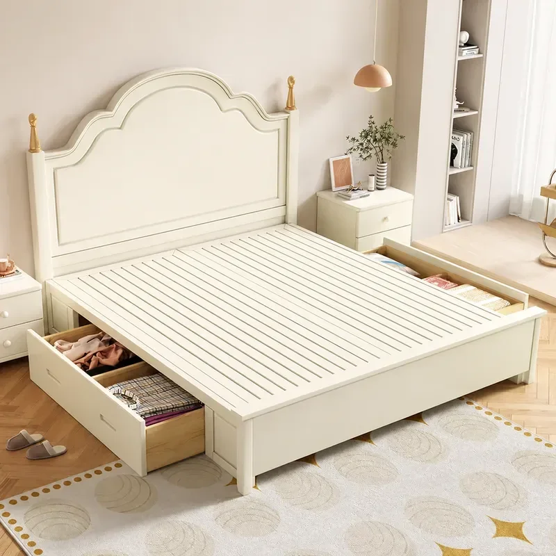 Cream Style Solid Wood Bed Modern Simple Master Bedroom Single Double Air Pressure Storage Frame American Princess Wedding
