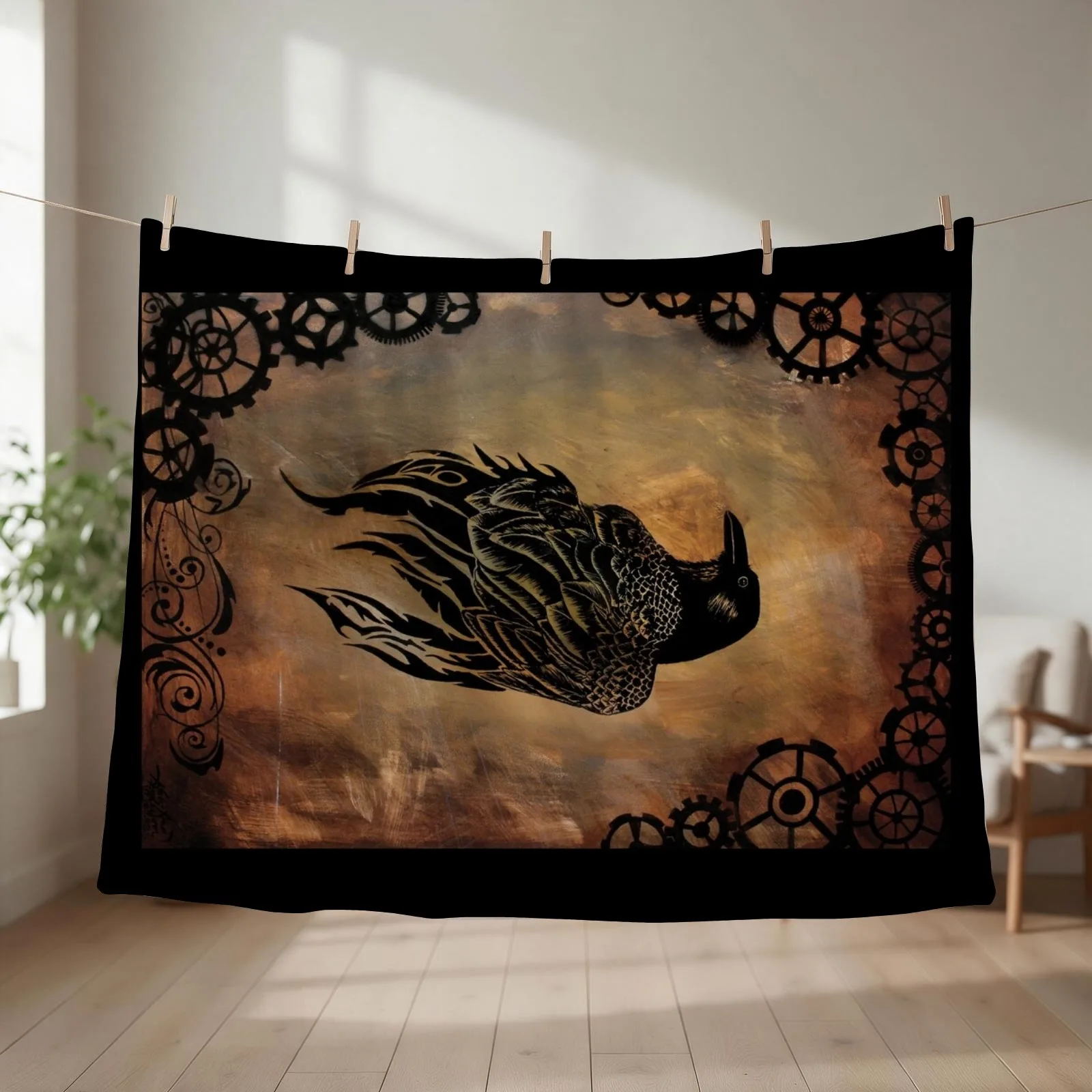 Clockwork Raven Throw Blanket Stuffeds Comforter Plaid on the sofa cosplay anime Blankets
