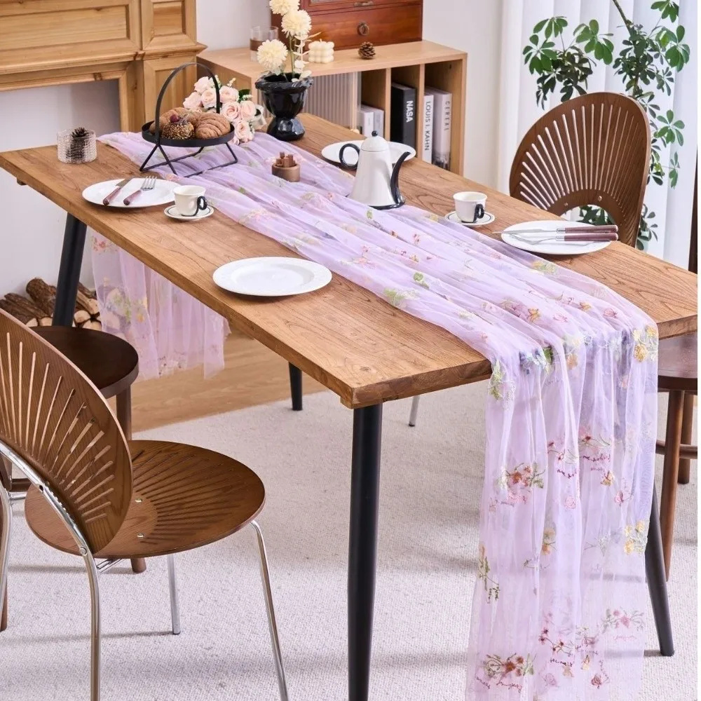 French Vintage Embroidered Floral Table Runner Romantic Semi-Transparent Wrinkled Table Runner Fresh Color Dining Table Decor