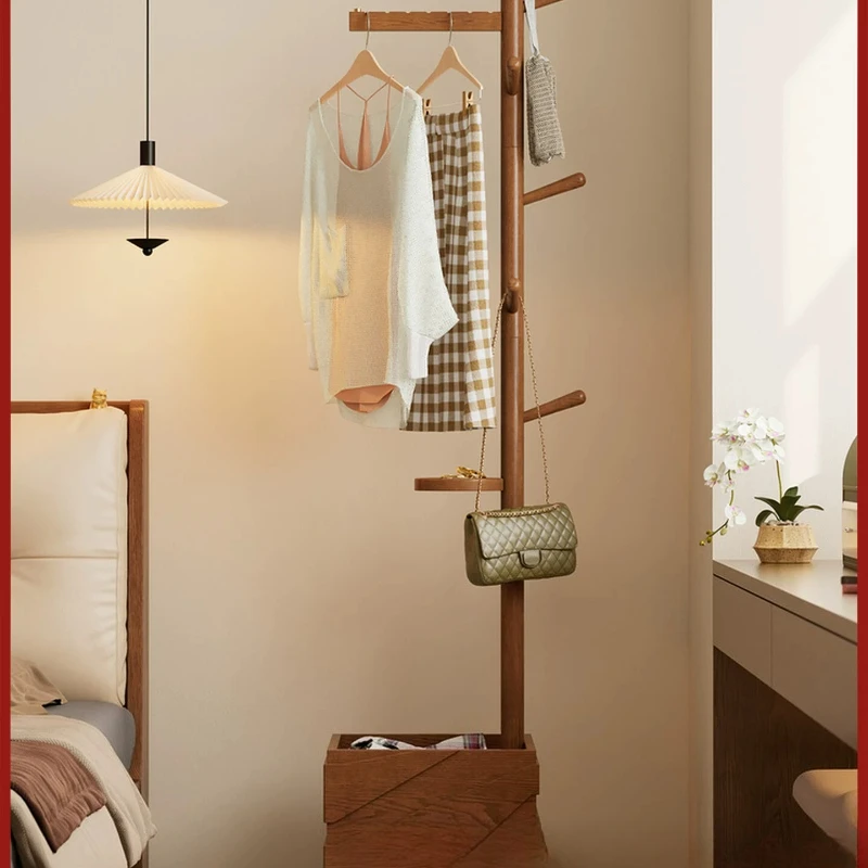 Solid wood floor coat rack, bedroom, living room, simple, does not occupy a dirty basket, shelf, movable hanger