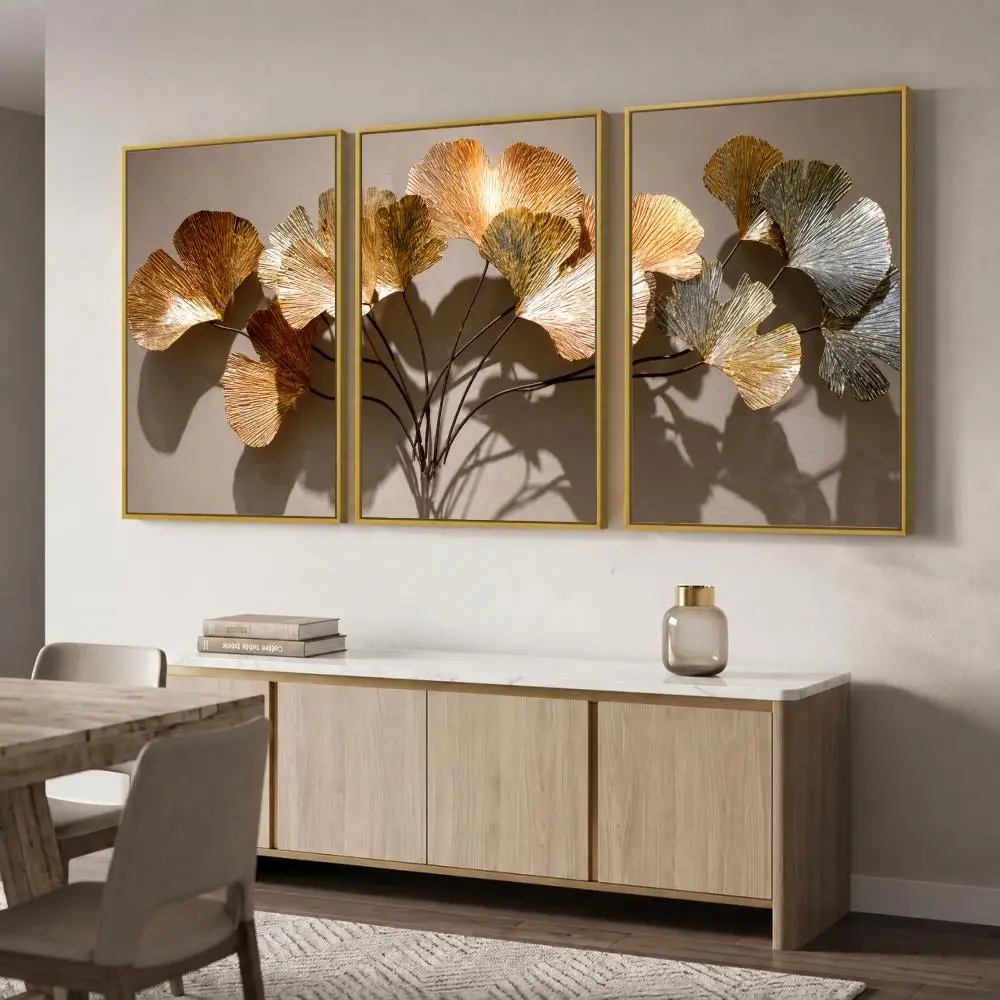 Luxury Gold Metallic Ginkgo Leaves Painting Calligraphy Canvas Poster Set Wall Art for Bedroom Living Room Home Decor Decals