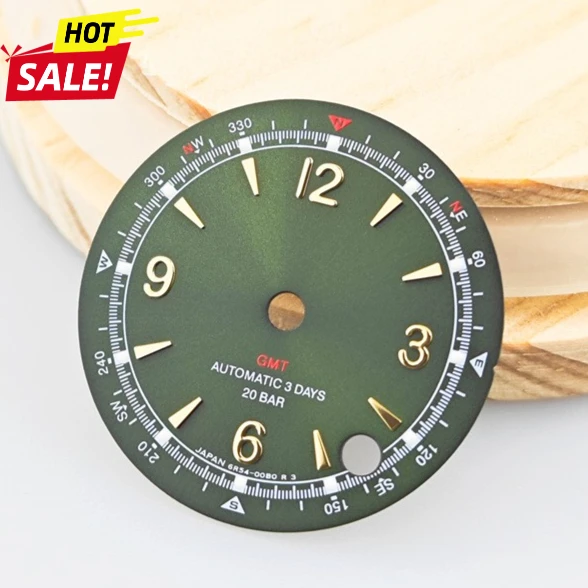 

Циферблат для часов 28,5 мм, винтажный, оливково-зеленый, с зеленым люминесцентным покрытием, без логотипа, для модификации, для механизмов NH35/NH34/4R, сменный.