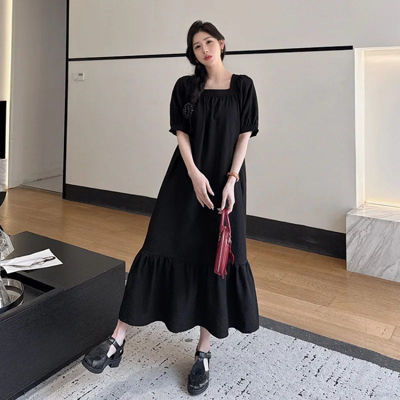 

Elegant Summer Long Dress Women's Loose Bubble Sleeve Square Neck Chiffon Maxi Dress with Pleated Hemline Simple Chic Vestidos
