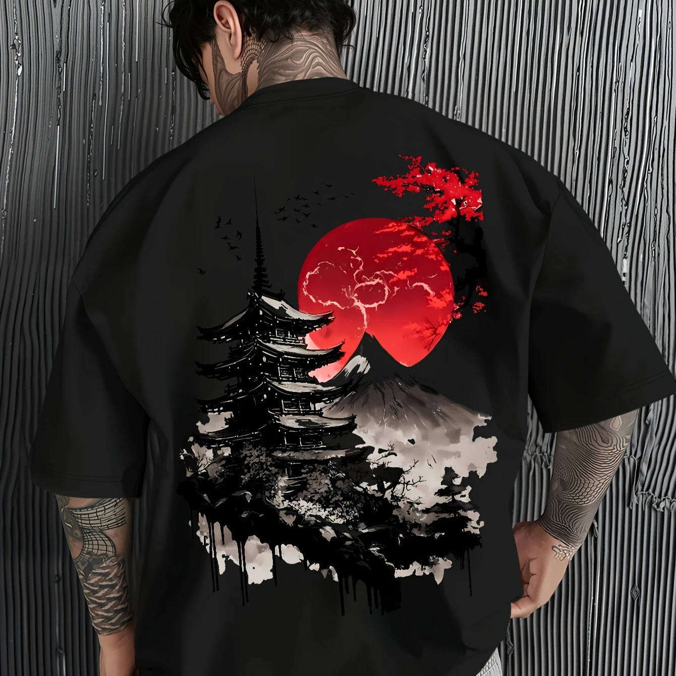 Japanese Temple Mount Fuji Graphic T‑shirt Back Print Unisex Short Sleeve Tee Red Sun Sakura Harajuku Streetwear Casual Tops