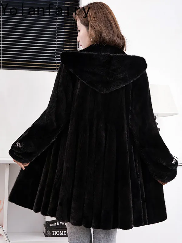 YOLANFAIRY Whole Mink Natural Real Velvet Mink Coat Fur Jacket Mid-length Style Full Pelt Mink Woman Elegant Hooded Winter Coat