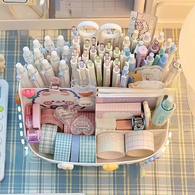 Desktop Pen Holder Kawaii Large-capacity Partition Desk Stationery Office Organizer Cartoon Makeups Pencil Storage Stand Box