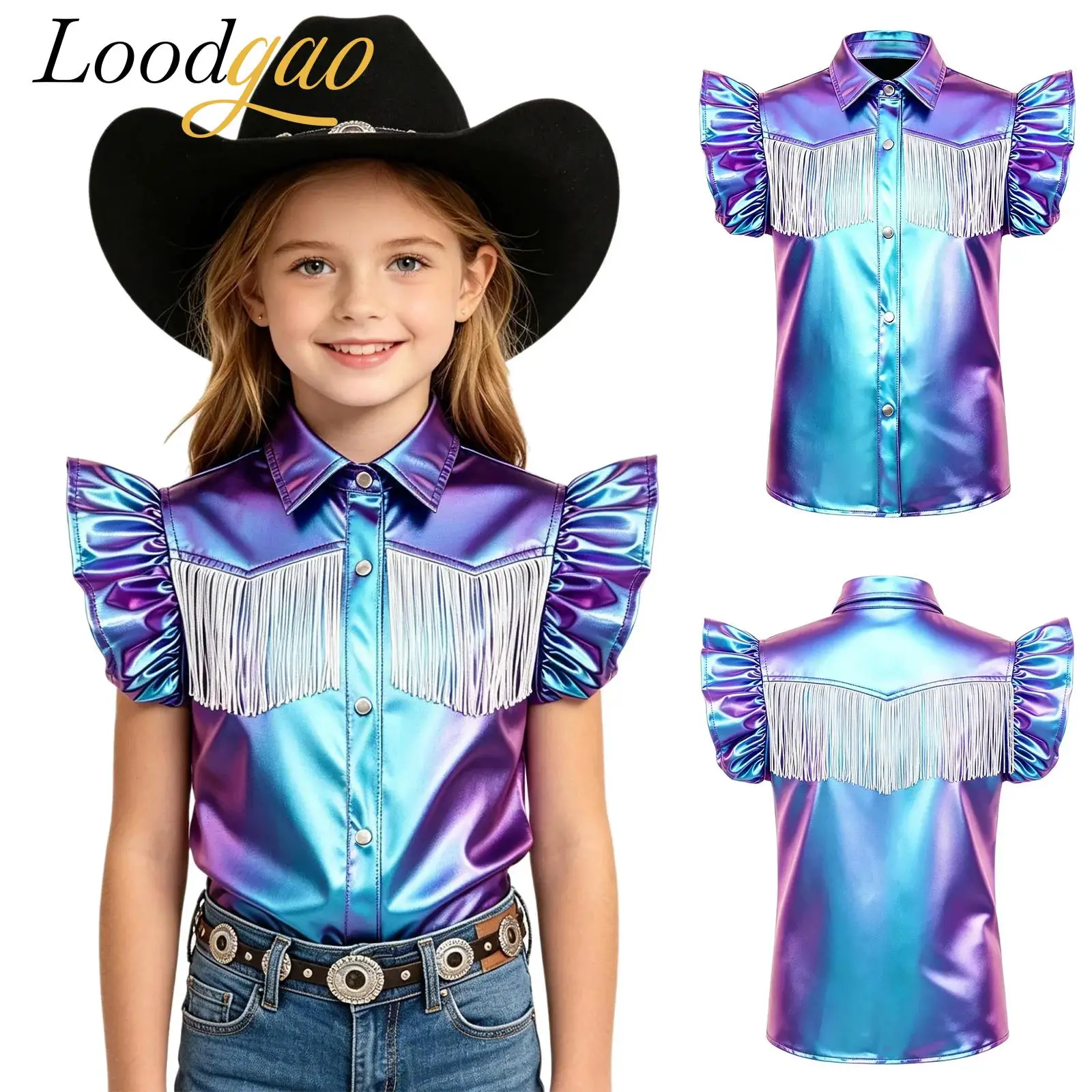 Disfraz de Vaquera del Oeste para Niñas, Traje Hippie de Vaquero, Disfraces para Halloween y Carnaval, Blusa con Cuello Metálico y Borlas
