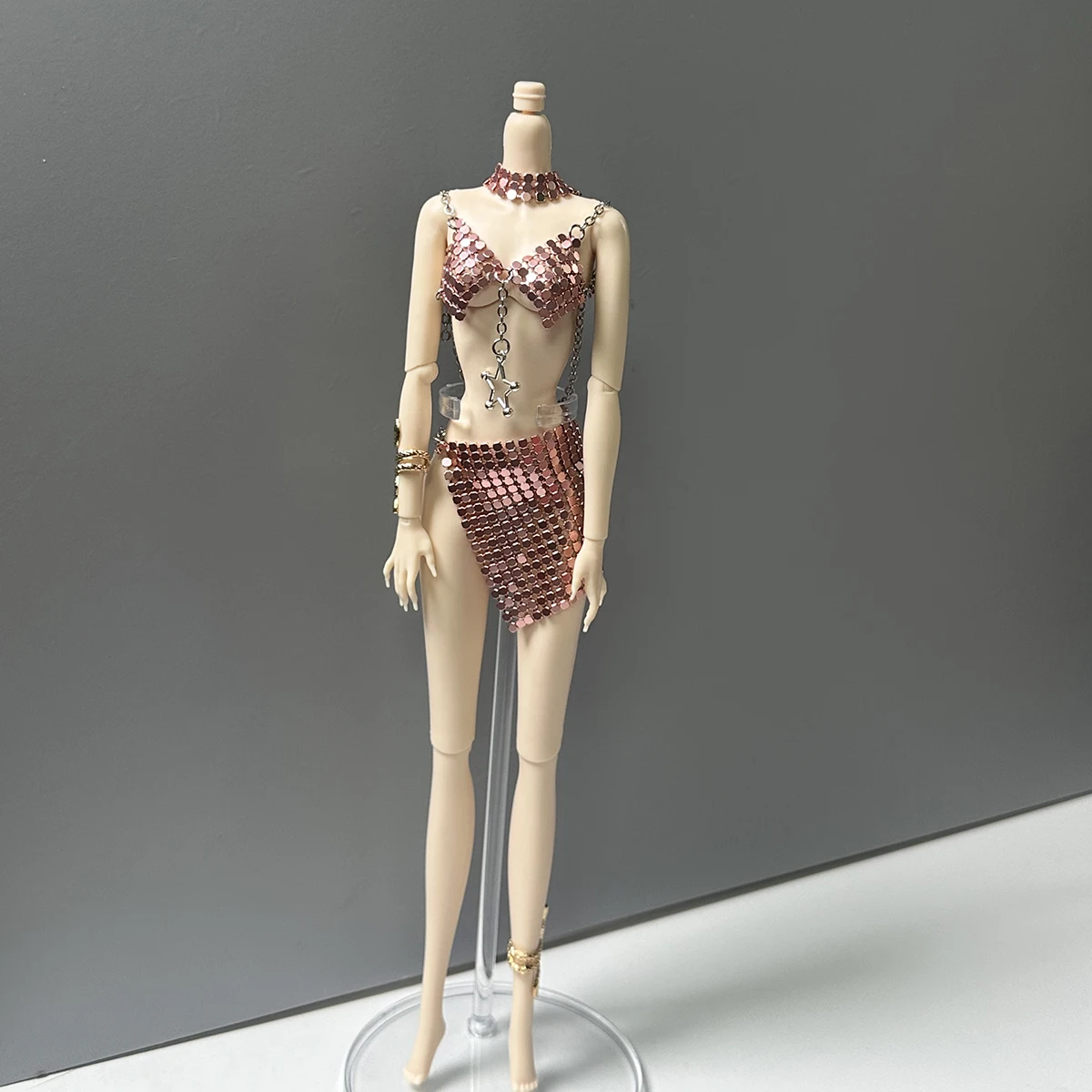 Light Pink Metal Sequin Stars Vest + Short Skirt + Snake Arm/leg Ring Decor Set For 1/6 Babi Xianxian Supermodel Doll Dress Up