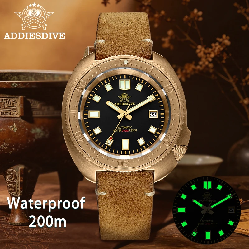 ADDIESDIVE Cusn8 Bronze Watch Men Sapphire 8215 Mechanical Wristwatch Calendar Dive 20Bar Waterproof C3 Luminous Automatic Watch