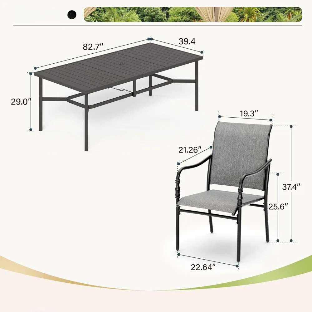 Patio tafel en stoelen eetset, 8 personen 83" rechthoekige eettafels en textielstoelen voor buiten, eettafelsets voor buiten