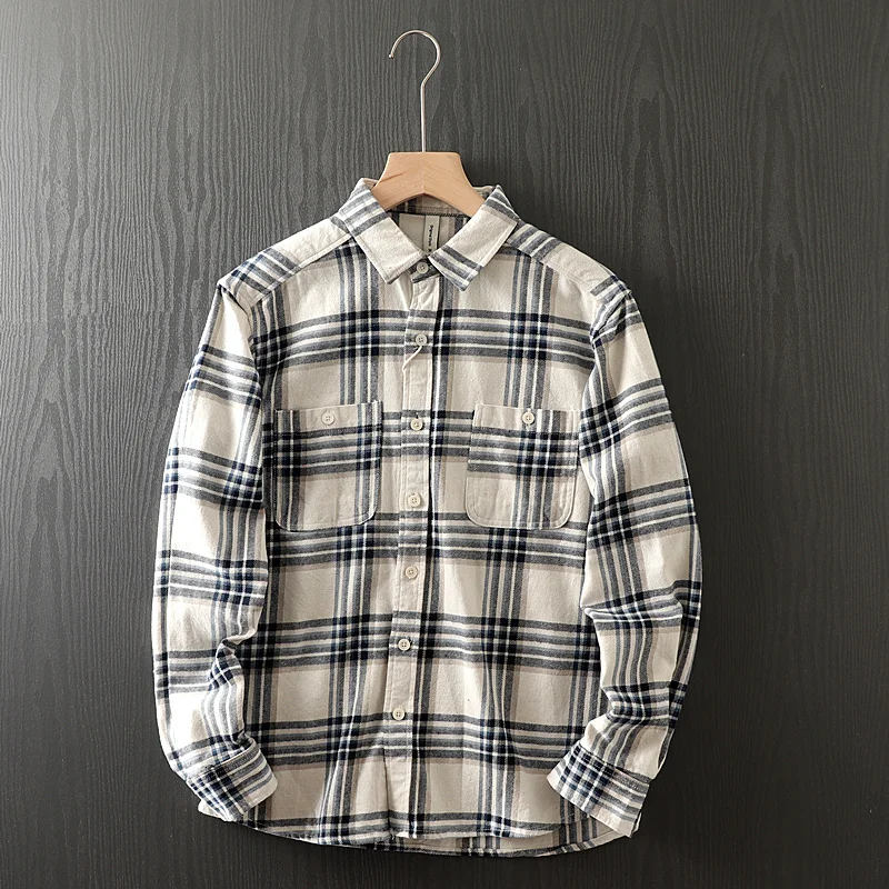 Amikaki Autumn Men's New Plaid Pure Cotton Brushed Long Sleeve Shirt Outdoor Hiking Trekking Climb Camping Sports Jacket Blouse