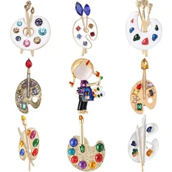 Enamel Painting Plate Pin for Women Rhinestone Paintbrush Brooch Draw Lapel Pins Office Party Friend Gifts Accessories