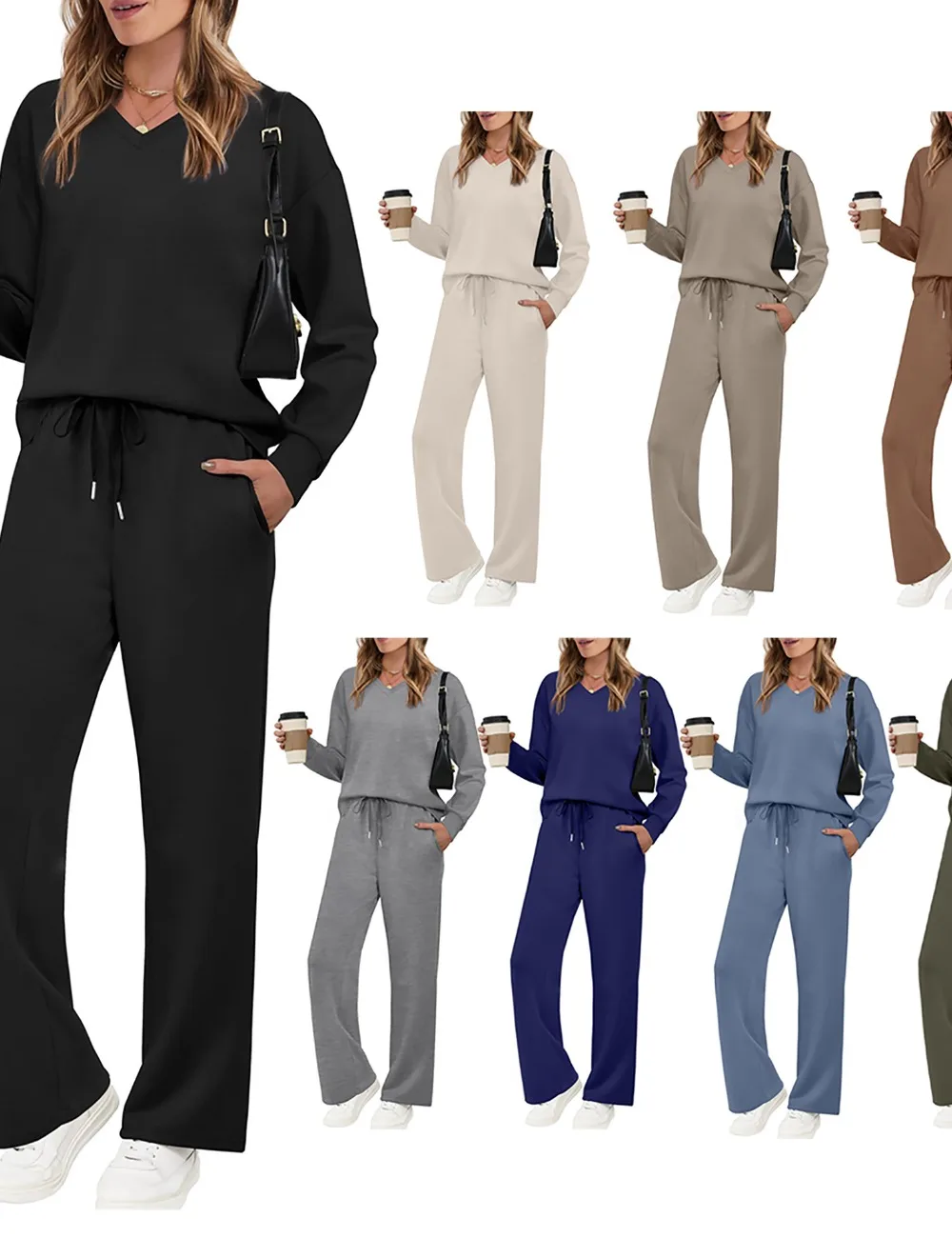 Commuter set for women, long-sleeved drawstring solid colour casual trousers set