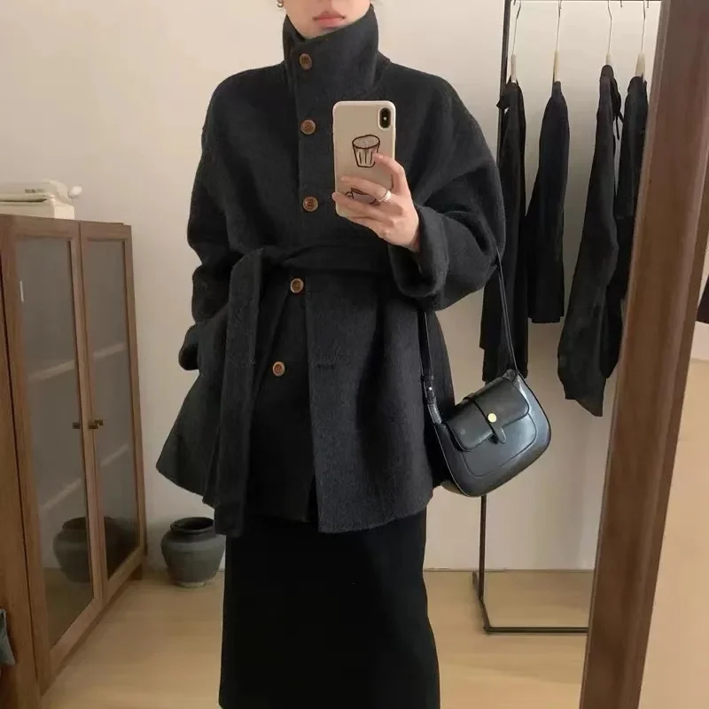 معطف شتوي نسائي طويل من الصوف Sve بحزام خصر وربطة عنق وزر واحد متعدد الاستخدامات مقاس صغير ملابس خارجية Faion #2