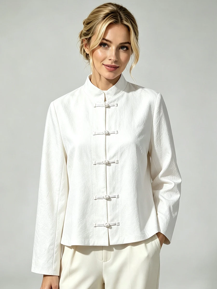 Blazer Corto LIMO con Cuello Mandarín y Botones Chinos, Manga Larga, Color Sólido, Corte Entallado, Estilo Retro Oriental para Mujer