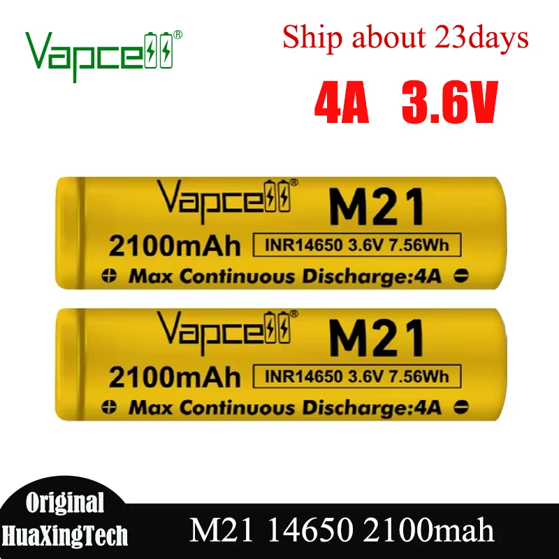بطارية Vapcell 14650 M21 الأصلية 2100mah 4A 3.7V بطاريات ليثيوم قابلة للشحن ذات سعة عالية 14650 خلية ليثيوم أيون لمصباح يدوي