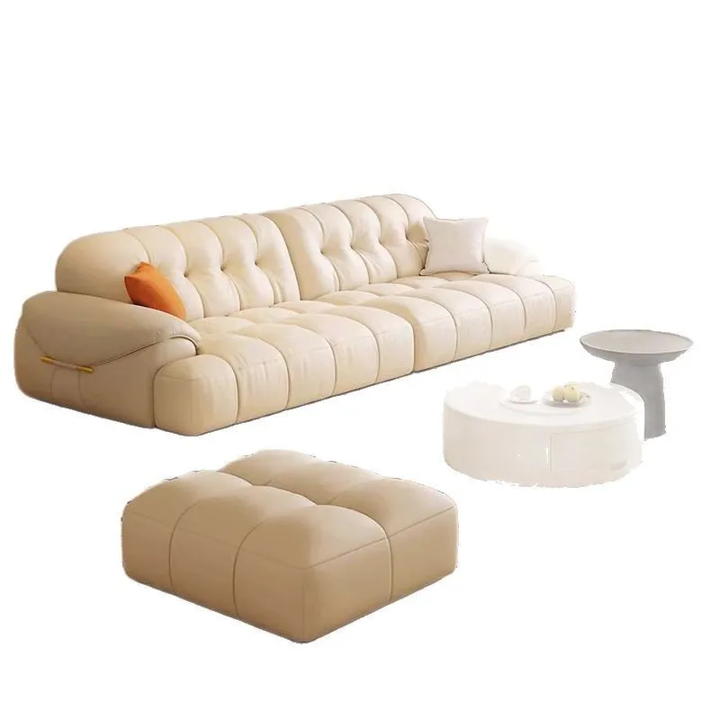 

Cream wind puff sofa Italian minimalist living room size apartment thickened first layer cowhide sofa
