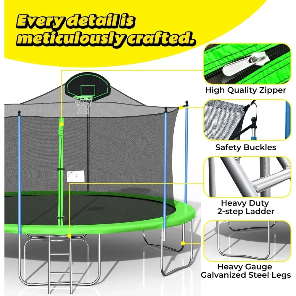 14 FT Outdoor Trampoline for and Adults With Basketball Hoop & Enclosure Net Large Trampoline Jump Gym Elastic Bed Tramboline