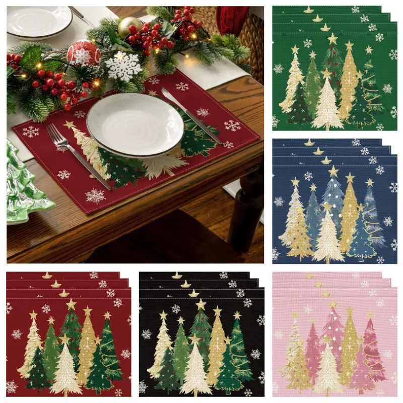 Weihnachtsbäume Schneeflocken Leinen Tischsets Winter Küche Esszimmer Dekoration Tischsets Geschirr Anti-Rutsch-Wärmeisolierende Matte