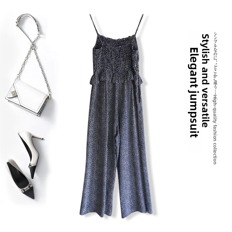 Summer 2024 Blue Polka Dot High Waist Wide Leg Pants Rer Women's Vintage Slimming High Quali Faion Commute Sle