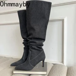 Pointed Toe Women Over The Knee High Boots Fashion Slip On Large Cylinder Circumference Shoes High Heel Women's Long Booties