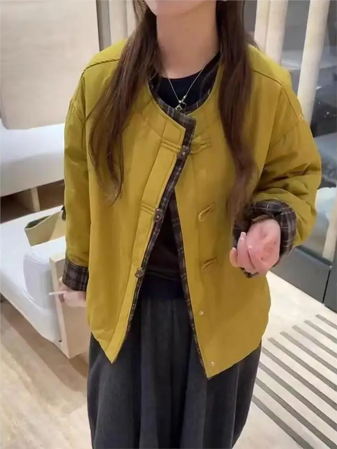 

Корейская легкая хлопковая куртка с цветовыми блоками, короткая верхняя одежда, женское зимнее пальто с круглым вырезом, элемент декора в виде узла