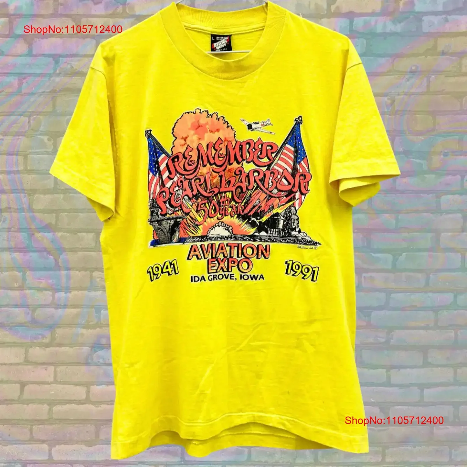 Vintage 1991 Aviation Expo Remember Pearl Harbor 50th Anniversary T Shirt Yellow 1941 Ida Grove Iowa Men's Size Large USA