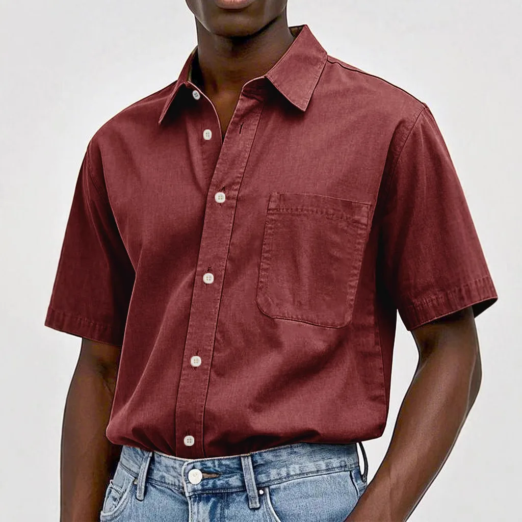 

Men's New Men's Pocket Casual Top Washed Cotton Button Men's Short Sleeve Shirt Cotton Casual Shirts Men Mens Shirts