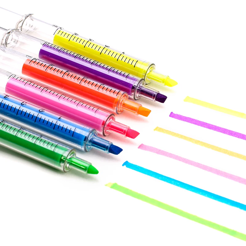 6Pc Kawaii Syringe Highlighter Pen Syringe Needle Shape Mechanical Color pen Ballpoint for Office School Marker Writing Tool