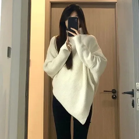 

Irregular High Neck Sweater For Women 2024 Autumn Winter New Hot Gentle Korean Style Lazy Thick Knitted Top
