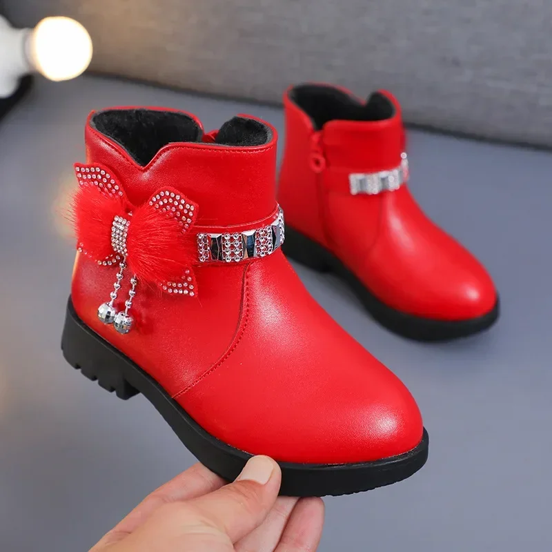 Children\'s Shoes Girl Mid Length Warm Leather Boots Baby Bow Cute Cotton Shoes Plush Winter New Student Two Cotton Boots Botines