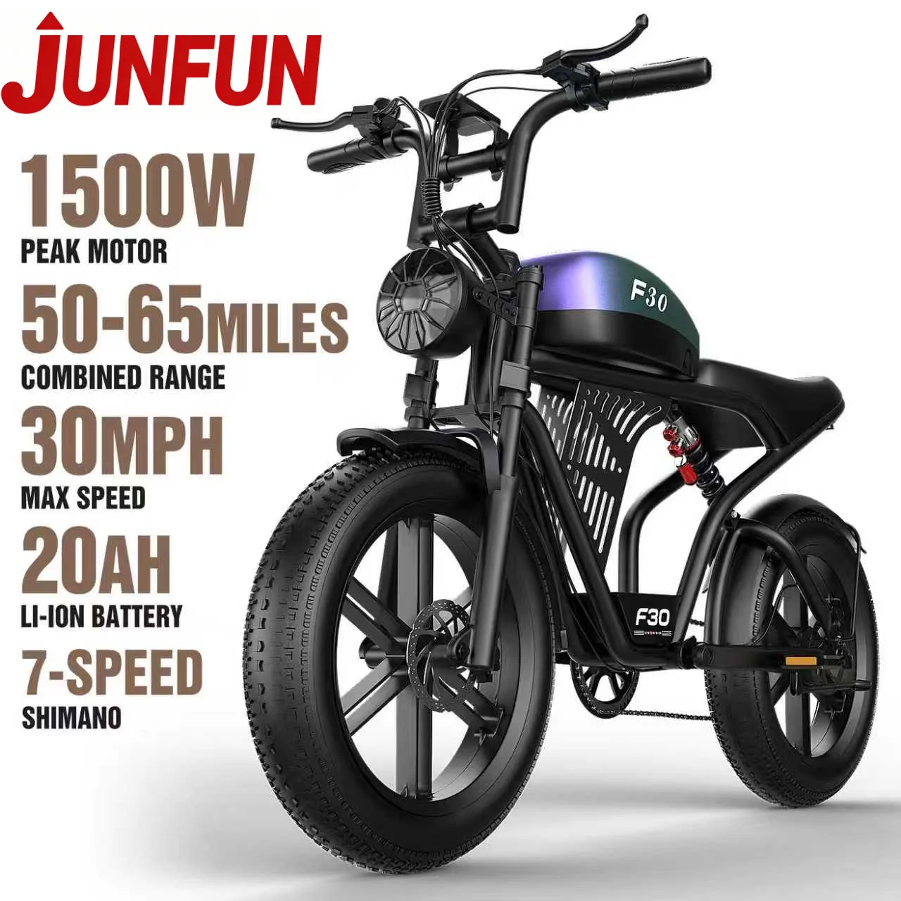 

JUNFUN Electric Bike for Adults Mountains Snow Sand, 48V 20AH Battery 1500W Motor, 20" Fat Tire Electric Dirt Bike, UL 2849