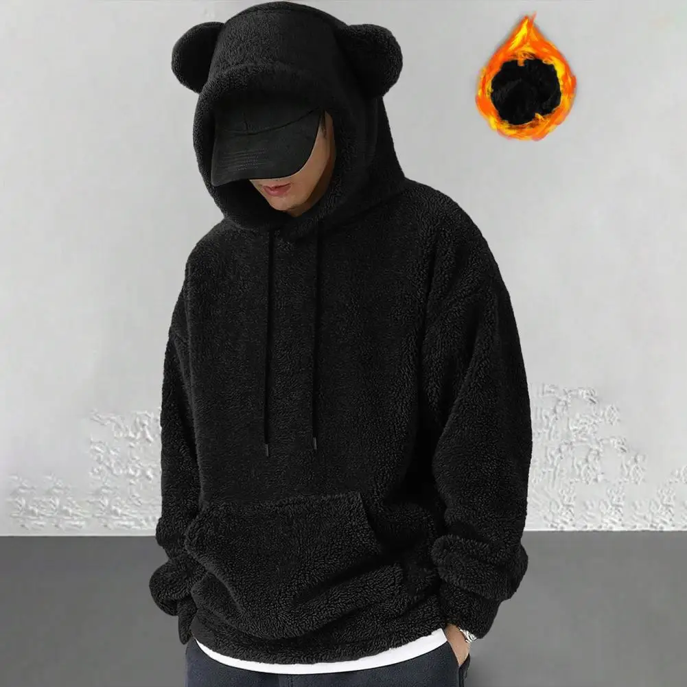 Unique Hoodie with Ears on Hood Cozy Cartoon Ear Decor Men's Winter Hoodie with Double-sided Velvet Front Pocket for Wear