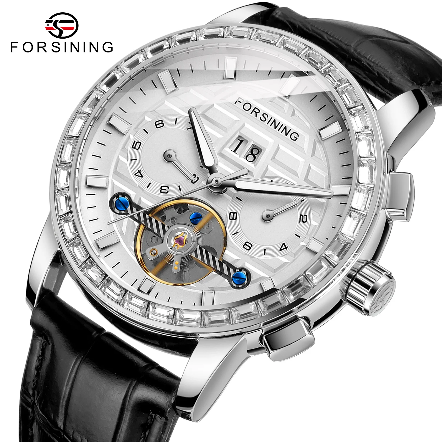 Forsining 410 Automatic Watches Waterproof Diamond Tourbillon Week Date Watch For Men Luxury Brand Wristwatch Mechanical