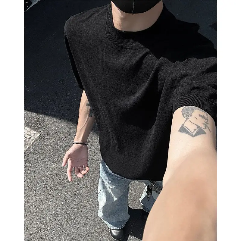 

Short-sleeved Men's Summer Small Neckline Bottoming T-shirt Elastic Slim-fit Knitted Three-quarter Sleeve
