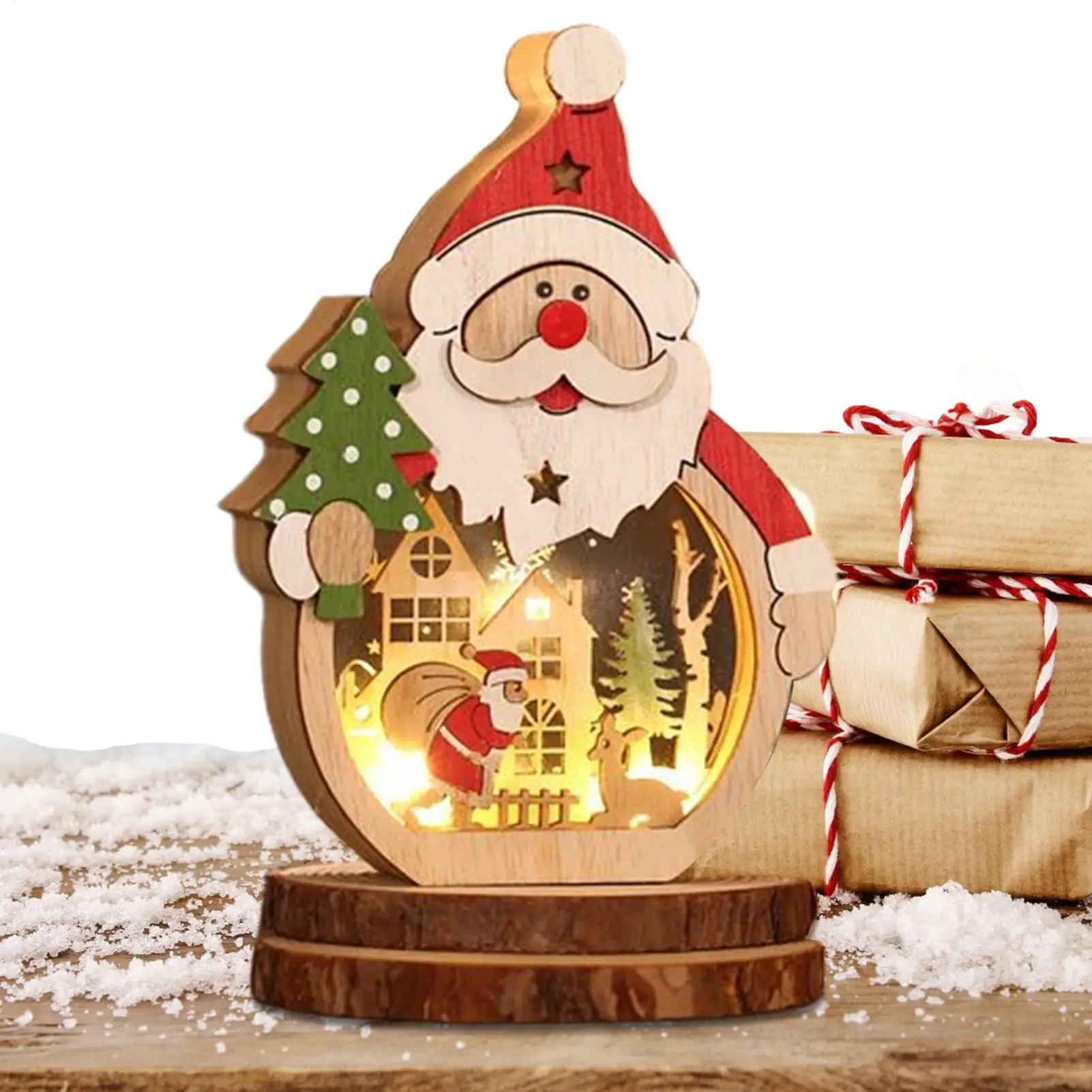 Christmas Wooden Decorations LED Glowing Santa Claus Shaped Wooden Christmas Ornaments for Party Cheer Celebration