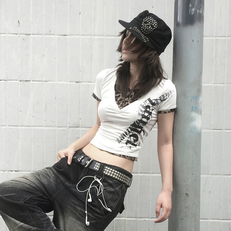 Karrcat الجرونج جماليات وهمية قطعتين بلايز Trashy 2000s نمط الوشم تي شيرت مطبوع خمر Y2k ليوبارد تي شيرت الأمريكية الرجعية