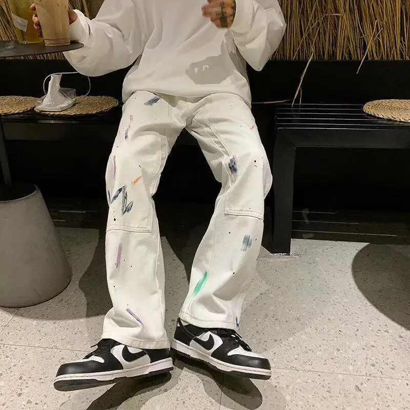 

Splashed Ink White Jeans Men's High Street Vibe American Style Casual Loose Straight Leg Pants Trendy Brand Spring Autumn