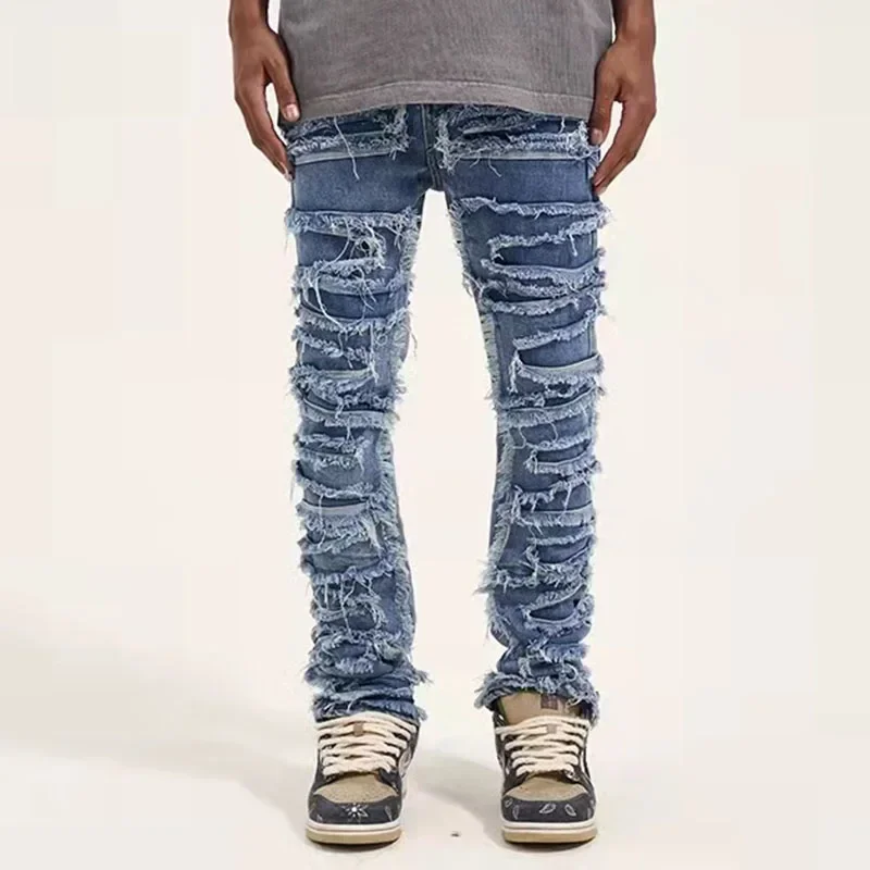 

Retro Hole Ripped Distressed Jeans for Men Straight Washed Harajuku Hip Hop Loose Denim Trousers Casual Jean Pants