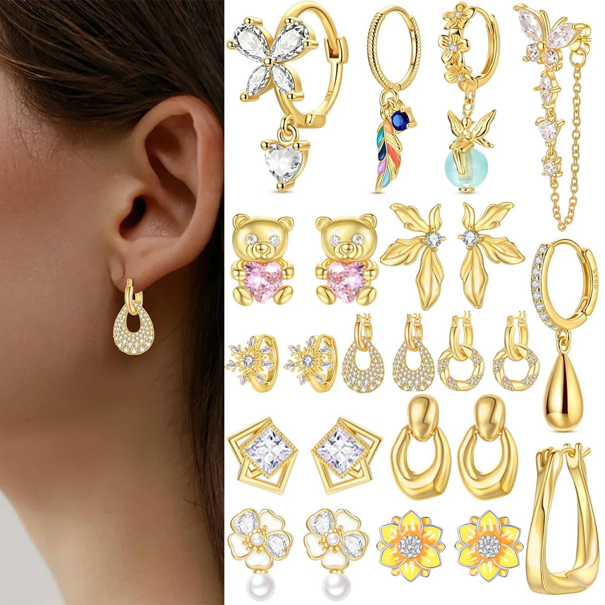 

Sparkling Gem Earrings 925 Sterling Silver Golden Butterfly Flower Luxury Diamond Dangle Drop Earrings For Women Fine Jewelry