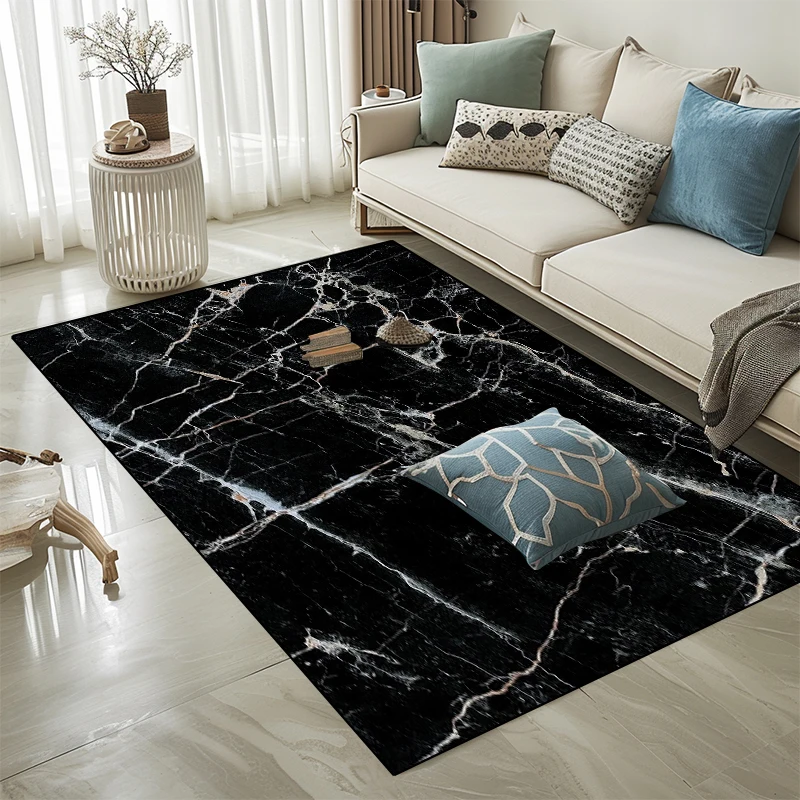 Black Abstract Marble Carpet for Living Room Decor Modern Style Rugs for Bedroom Non-slip Washable Parlor Sofa Mat for Children