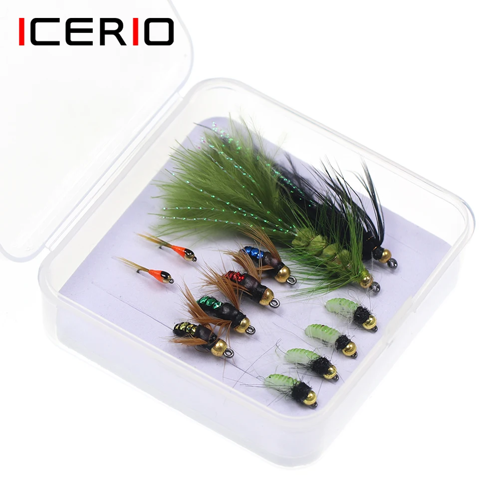 ICERIO 12pcs/Box Scud Bug Worm Nymphs Flies Woolly Bugger Fly Hook Trout Fishing Carp Fly Lure Bait