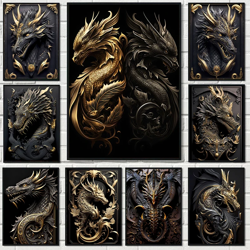 Black Gold Dragon Wall Art Picture 3D Style Sculpture Dragon Gorgeous Canvas Painting Solemn Decor Aesthetic for Living Room