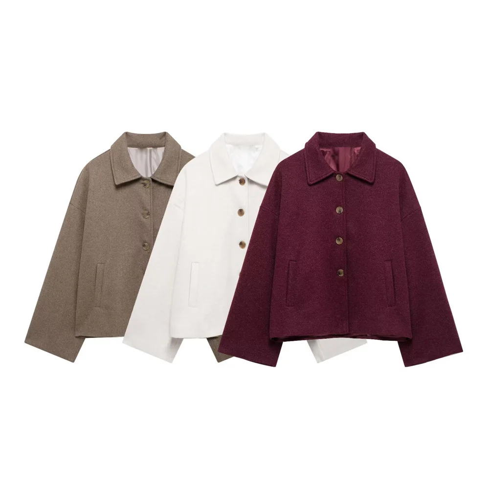 

Women's New Product Simple and Versatile Short Shirt Collar Long Sleeve Single breasted Woolen Coat
